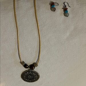 Gold and Brown Pendant Necklace with Earrings